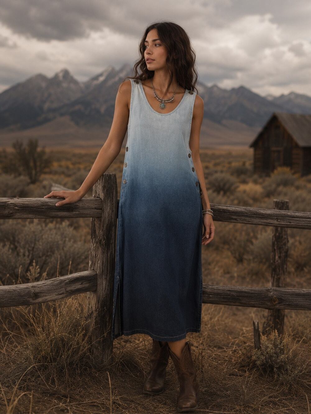 Vintage Ombre Western Blue Denim Maxi Dress Tie Back Festival Boho